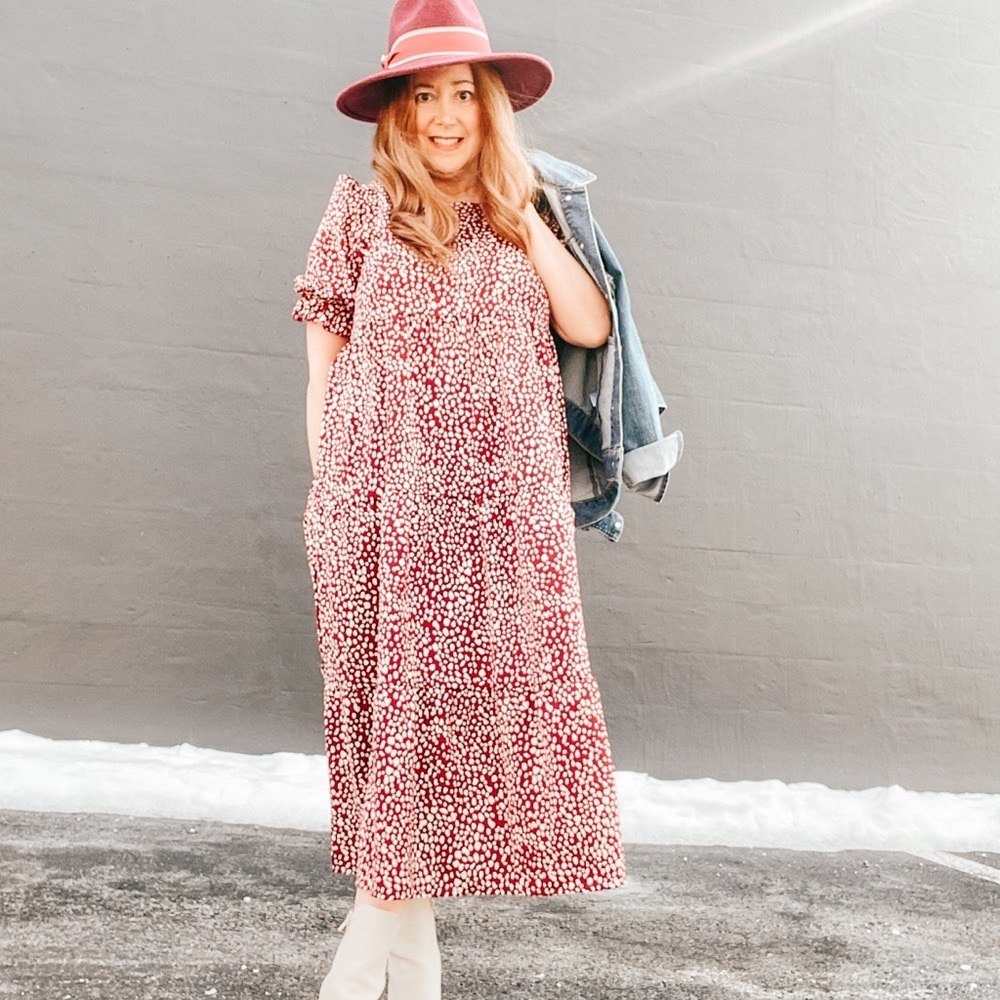 Dark Red Tiered Dress with Puff Sleeve